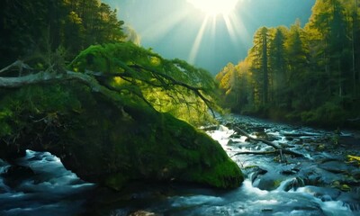 Poster - Sun Rays Illuminating Moss-Covered Rocks by Forest Stream in Serene Wilderness