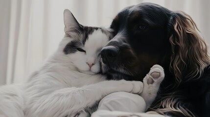 A white cat with black markings cuddles up to a black dog with brown fur.