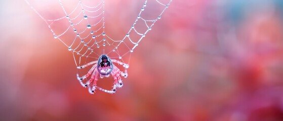  A tight shot of a spider web, adorned with water droplets, against a softly blurred background