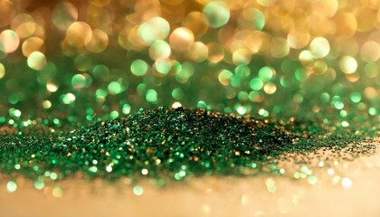 Wall Mural - a detailed image of green and gold glitter with selective focus highlighting the sharp reflective particles in the foreground against a softly blurred warm toned background