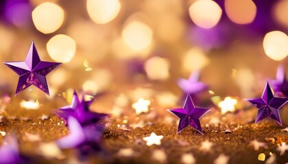 Sticker - twinkling purple stars on a gold bokeh background dotted with small twinkling purple stars