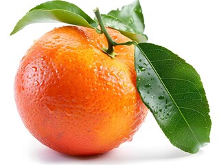 Poster - Fresh and juicy orange with green leaves, showcasing vibrant color and water droplets