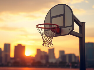 Wall Mural - Basketball cage with urban hoop at sunset and skyline