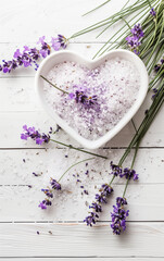 Canvas Print - Heart-shaped bowl with sea salt and fresh lavender flowers