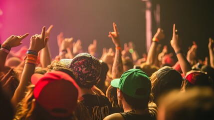 Poster - Fans at a lively concert show excitement, raising their hands in the air amid colorful lights and energetic atmosphere.