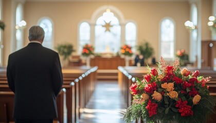 Sticker - Businessman standing with back turned in church pew with flowers in foreground