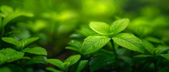  A close-up of a green plant with dewdrops on its leaves