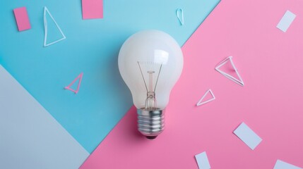 Poster - A white light bulb is positioned centrally on a pastel pink and blue background, surrounded by assorted geometric paper cutouts