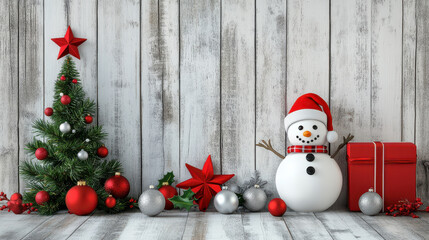 White wooden wall with Christmas decorations: tree, snowman, red stars, silver balls, green holly leaves, red gifts on grey wood background, realistic photography studio scene