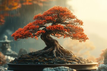 Vibrant red bonsai tree in autumn