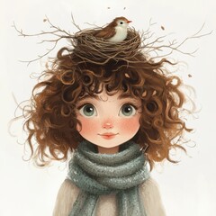 A cute girl with curly hair, a bird's nest on her head, and a scarf around her neck. The background is white, with a soft pastel color palette. 