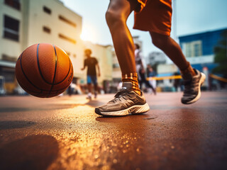 Poster - Legs of two friends playing basketball on an urban court