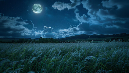 Wall Mural - A serene meadow where the grass glows softly in the moonlight