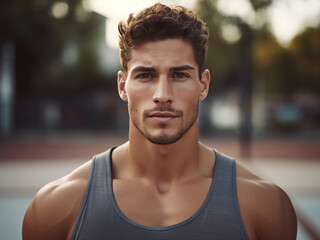 Wall Mural - Handsome, well-built man standing on a basketball court, looking at the camera