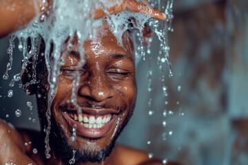 Wall Mural - A happy black guy washing hair bathroom shower adult.