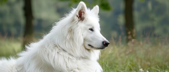 Wall Mural -  A white dog sits in the grass before trees in the background