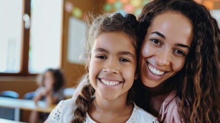 Poster - A teacher helps her pupil with enthusiasm, both sharing smiles in a lively classroom filled with learning opportunities