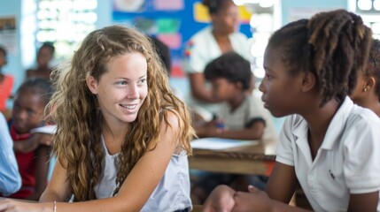 Teachers facilitate a lively discussion with students in a colorful classroom environment, fostering collaboration and engagement