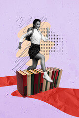 Poster - Vertical composite collage image picture of girl run jump above book isolated on creative background