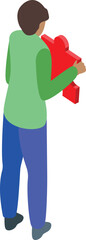 Poster - Young man is holding a big red jigsaw puzzle piece, searching for its place