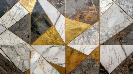 luxurious mosaic wall featuring a mix of marble metallic and stone textures in an abstract geometric pattern blending classic and modern design elements