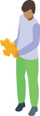 Poster - Young man is holding a golden puzzle piece, representing the search for solutions and problem solving