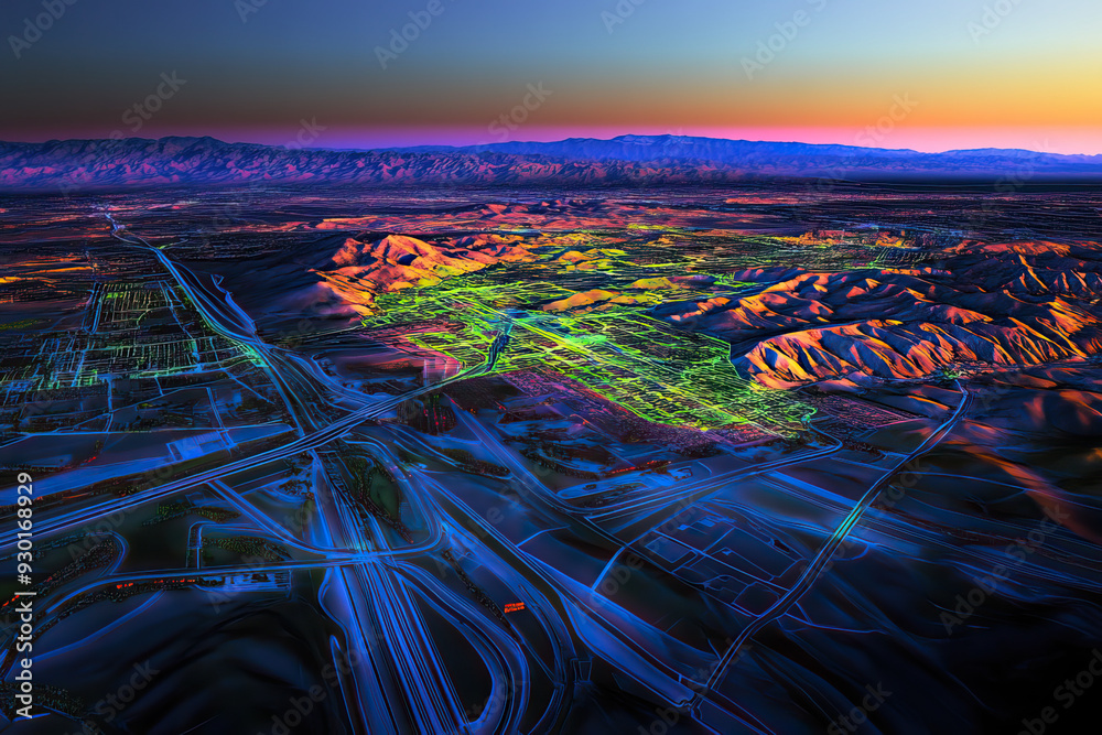 Ilustrace Technical aerial visual, 3D LiDAR GIS aerial map satellite ...