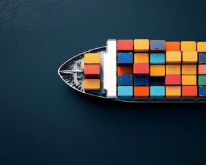 Aerial view of a container ship loaded with colorful cargo boxes on calm waters, illustrating global trade and shipping.