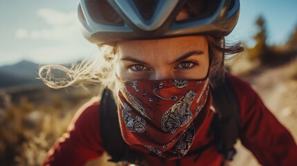 Aufkleber - A mountain biker navigates a rugged trail, wearing a helmet and a patterned scarf, with sunlight illuminating her intense gaze.
