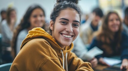Poster - A young woman smiles brightly while participating in a lecture surrounded by classmates in a lively classroom setting