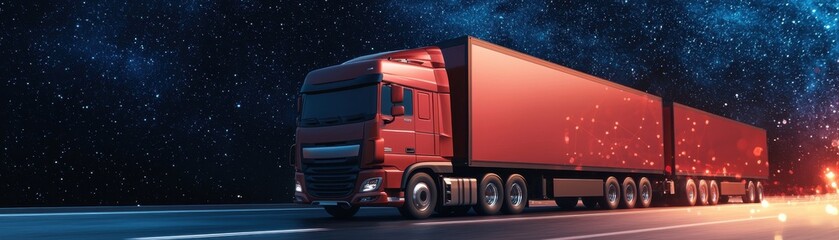 Wall Mural - A sleek red truck transports goods under a starry night sky, showcasing the efficiency of modern logistics and transportation.