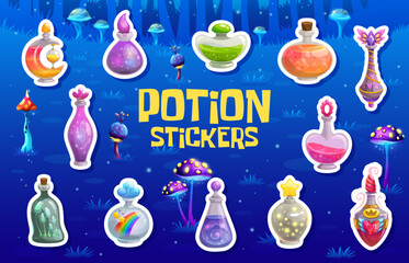 Halloween magic potion bottle stickers for horror night holiday, cartoon vector icons. Halloween trick or treat party stickers of witch magic potion in bottles with liquid spell elixir of mushrooms