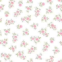 cute small roses flowers and leaves simple vintage ditsy style of pink and green colors. seamless pa