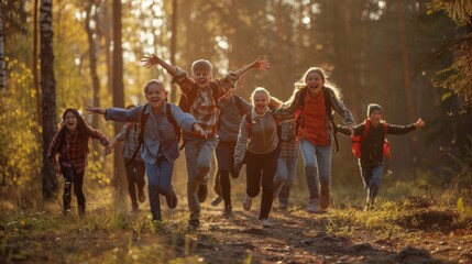 A cheerful group of schoolchildren runs excitedly through a sunny forest, enjoying their outdoor adventure together