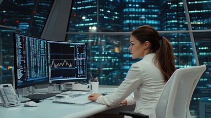 Poster - A female professional with brown hair in a ponytail focuses on financial charts displayed on dual monitors while working late at her modern desk