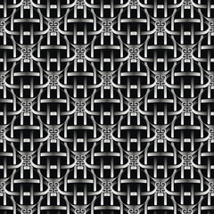 Wall Mural - 3d Intertwined intricate silver lines and shapes greek style grid seamless pattern. Vector ornamental elegant lattice background. Repeat backdrop. Modern ornate beautiful ornament. Endless 3d texture.