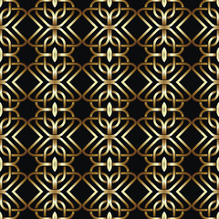 Poster - 3d Luxury gold grid celtic style seamless pattern. Vector ornamental gold and black lattice background. Repeat elegant backdrop. Modern beautiful intricate ornaments. Endless patterned 3d texture.