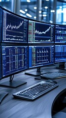 Poster - A female professional with brown hair in a ponytail focuses on financial charts displayed on dual monitors while working late at her modern desk