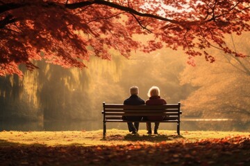 Wall Mural - Middle-aged couple sitting autumn bench.