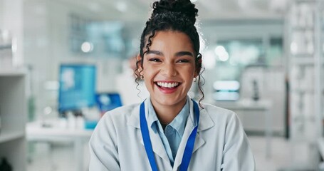 Aufkleber - Portrait, happy woman and scientist in lab for research, pharma and healthcare innovation. Face, science and smile of medical doctor, professional and biochemical engineer with affirmative action