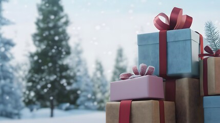 Stack of wrapped gifts in front of a snowy forest.