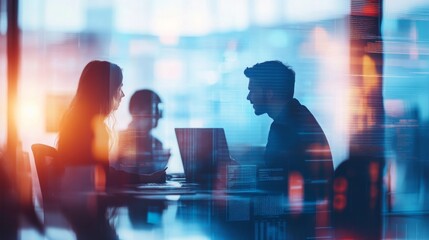 two individuals converse across a table in an office, illuminated by city lights and a soft glow dur