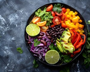 Wall Mural - Vibrant Taco Platter with Grilled Veggies  Beans  Avocado  and Lime Wedge   Healthy Mexican Inspired Meal Concept