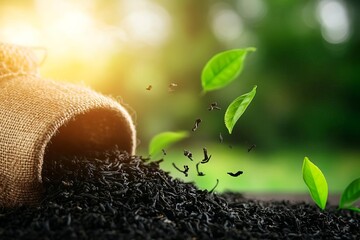 A beautiful scene of soil with emerging leaves and seeds, symbolizing growth and nature's renewal in sunlight.