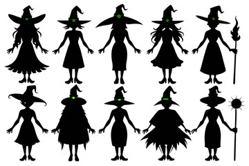 Witch silhouettes set, scarry witches bundle vector illustration