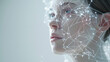 © Alina Tymofieieva - Close-up of a young woman's face with white glowing lines connected in a network on a white background. Concept of technology, analysis and development.