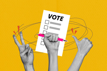 Composite trend artwork 3D sketch image photo collage of call election choice democracy check mark hands thumb up peace group vote