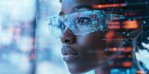 an ultra-realistic, editorial photo of a female cybersecurity analyst examining ai cyberspace threat
