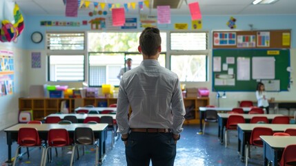 Aufkleber - A primary school teacher stands facing an empty classroom, readying for a day of learning and interaction with students