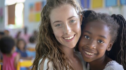 Poster - A cheerful teacher helps a happy student in a colorful classroom full of children during an afternoon learning activity